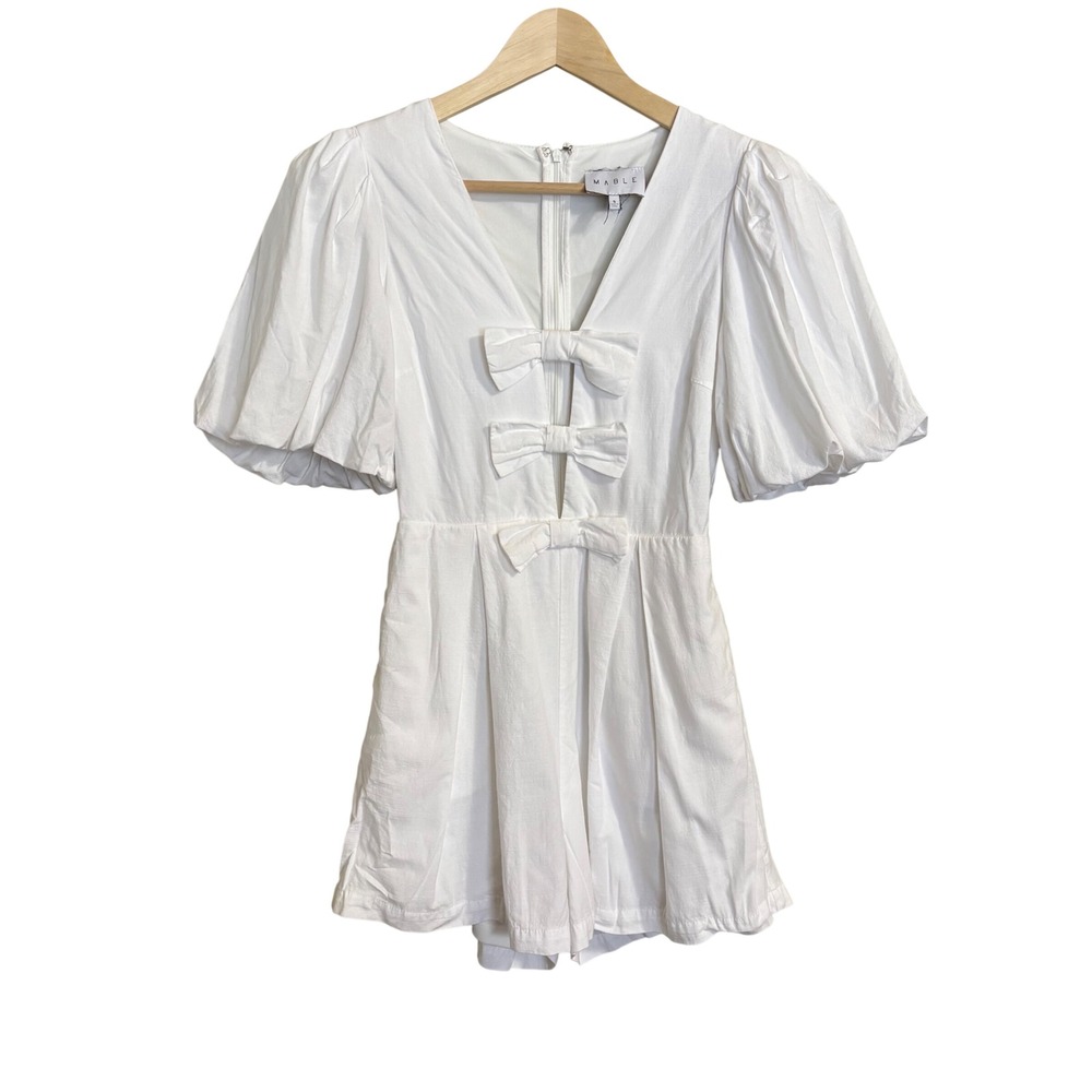 Mable White Bow Front Puff Sleeve Romper Small V-Neck‎ Cutout Bridal Cottagecore